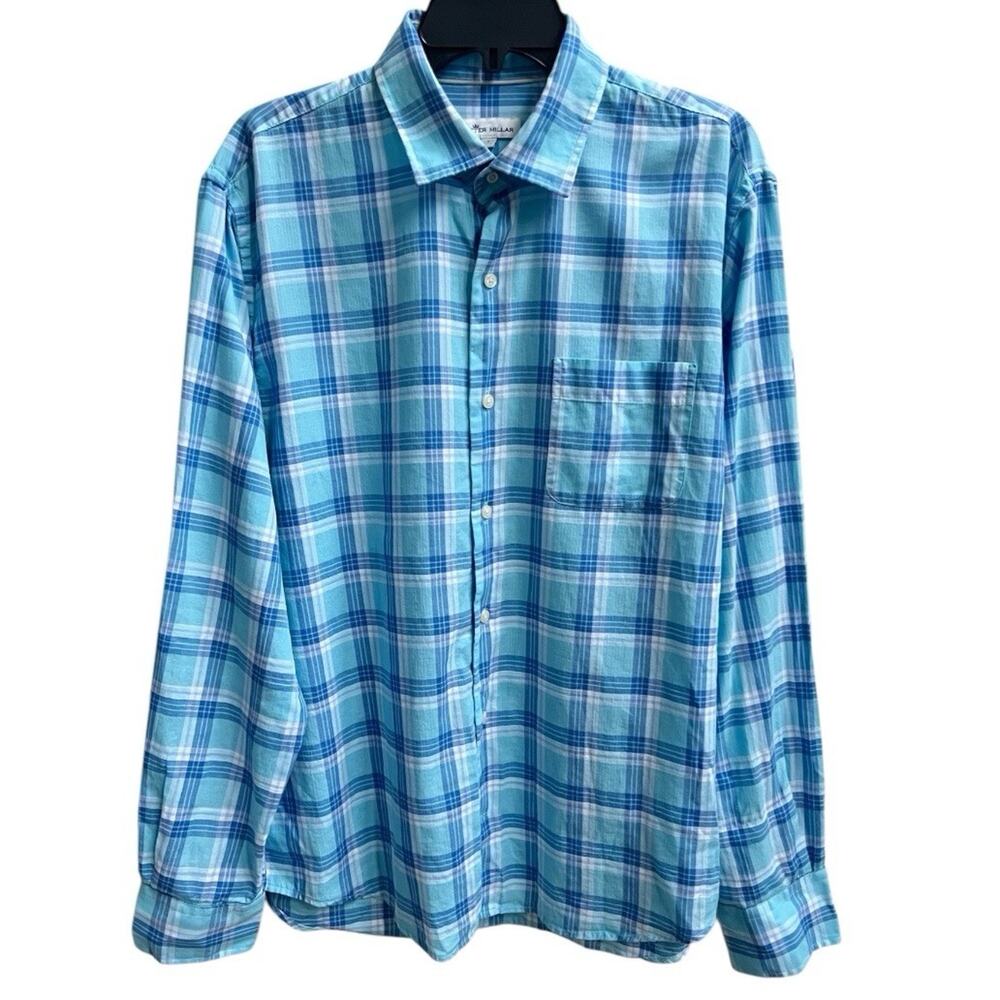Peter Millar Plaid Button Down Shirt Mens 100% Cotton Blue Sz L Long Slv